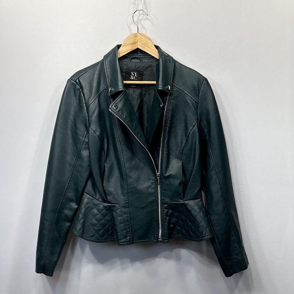 NY&Co Faux Leather Edgy Moto Zip Jacket Green Quilted Peplum Hem Women’s Large